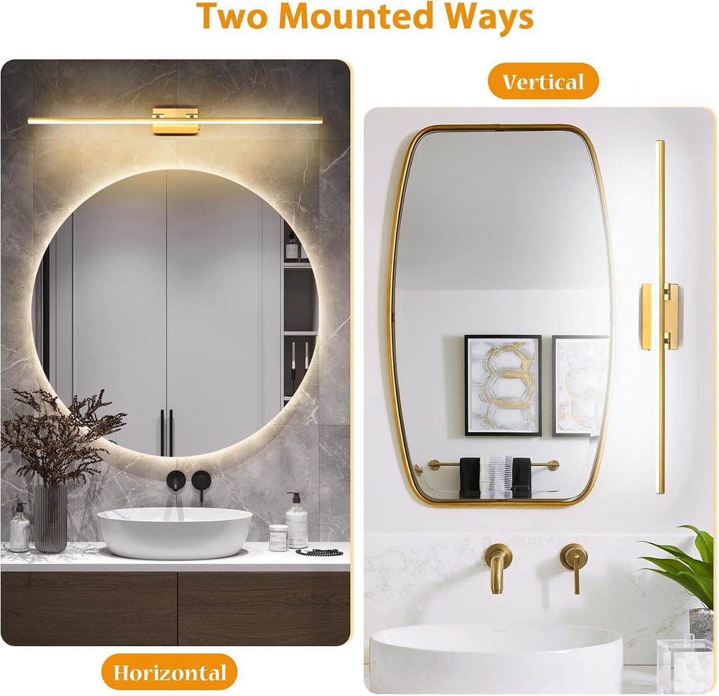 LED Bathroom Vanity Light, Modern Bathroom Light Fixture Over Mirror (3000K/4000K/6000K, Dimmable), Vanity Light Bar with Angle Adjustable, 48 Inch, Brass