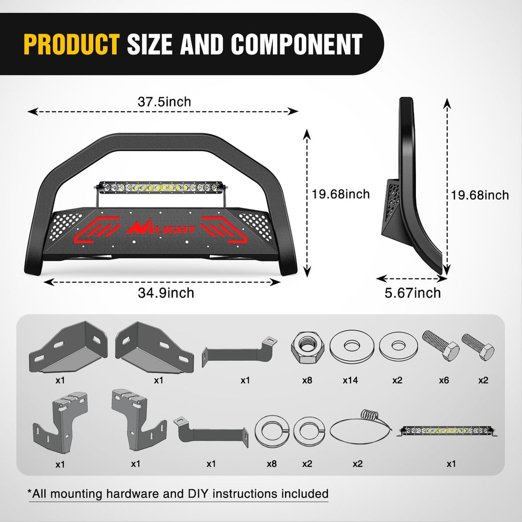 Nilight Bull Bar with Light Bar&License Plate Hole Compatible with Toyota Tundra 2022 2023 2024 Truck Brush Guard, Front Bumper Push Bar w/Grille Skid Plate Light Mount