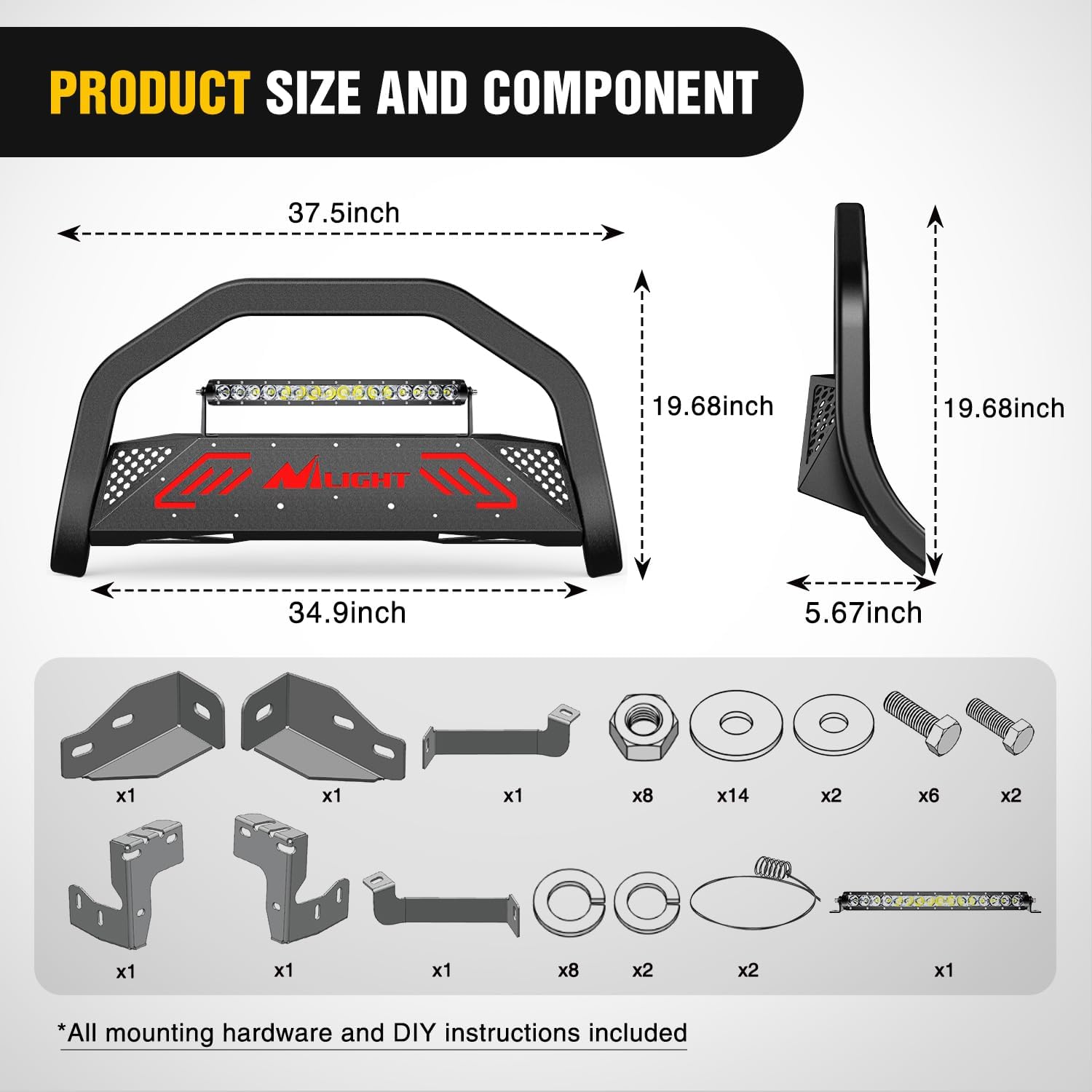 Nilight Bull Bar with Light Bar&License Plate Hole Compatible with Toyota Tundra 2022 2023 2024 Truck Brush Guard, Front Bumper Push Bar w/Grille Skid Plate Light Mount