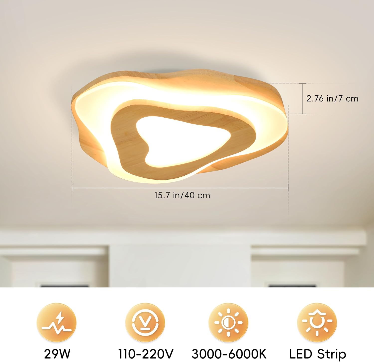 Littleglovo 15.7' Modern Flush Mount LED Chandelier for Dining Room, Dimmable Natural Wood Petal Energy Chandeliers Ceiling Light for Entryway Bedroom Foyer Kitchen Living Room Bathroom