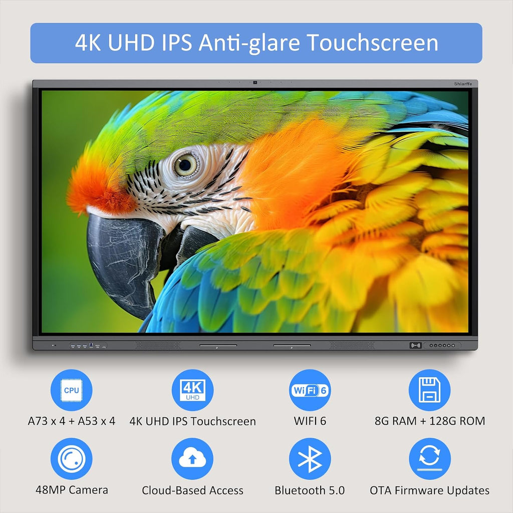 Shiarffe X5 Smart Board 65 Inch 4K Interactive Whiteboard 8GB RAM + 128GB Storage All-in-One Touchscreen Monitor Built-in 48MP Camera Mics and Speaker for Classrom Hybrid Work (Board Only)