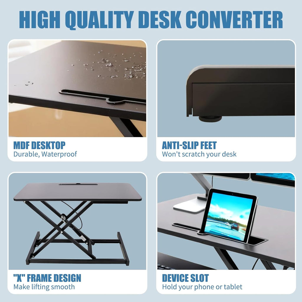 Standing Desk Converter, Height Adjustable Sit to Stand Riser, Dual Monitor and Laptop Workstation with Wide Keyboard Tray, Desk Lifter for Home Office