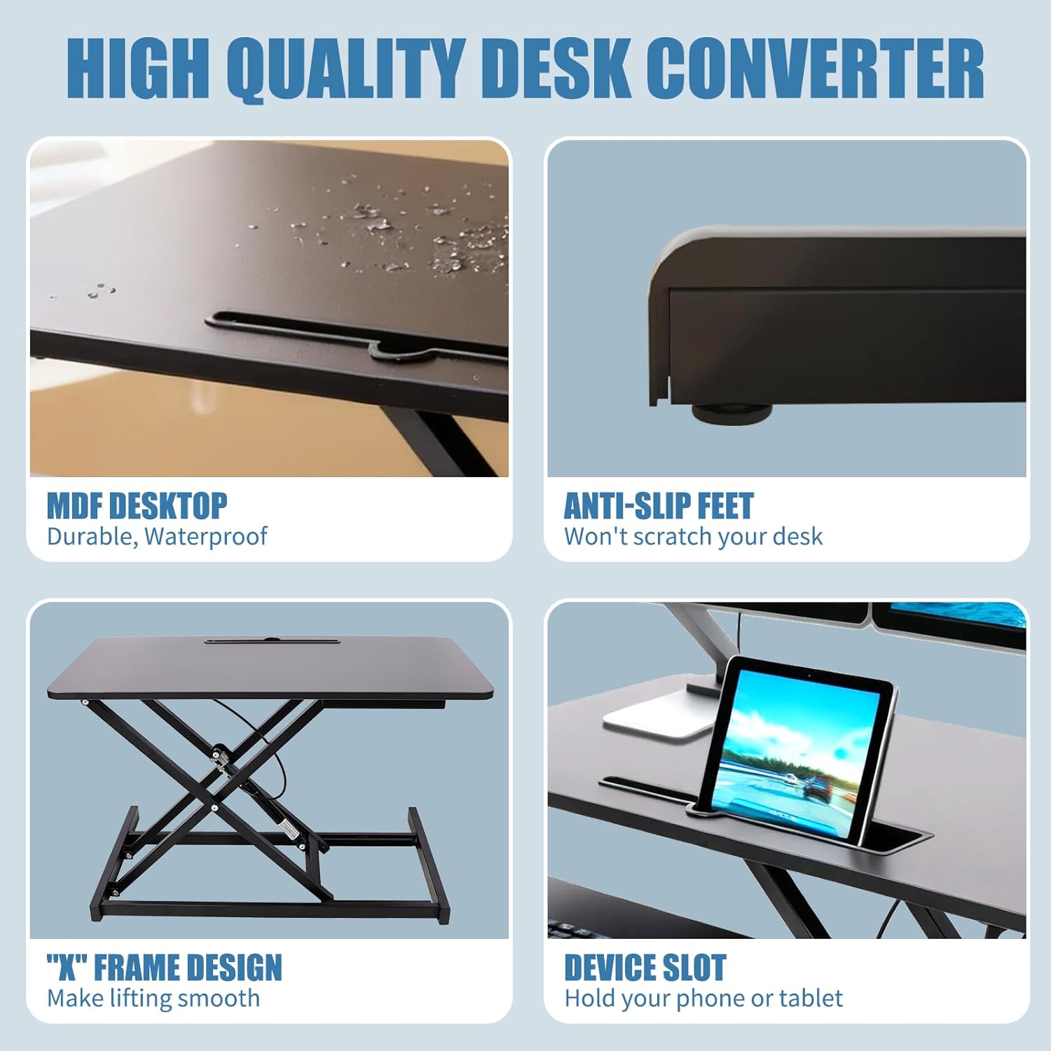 Standing Desk Converter, Height Adjustable Sit to Stand Riser, Dual Monitor and Laptop Workstation with Wide Keyboard Tray, Desk Lifter for Home Office