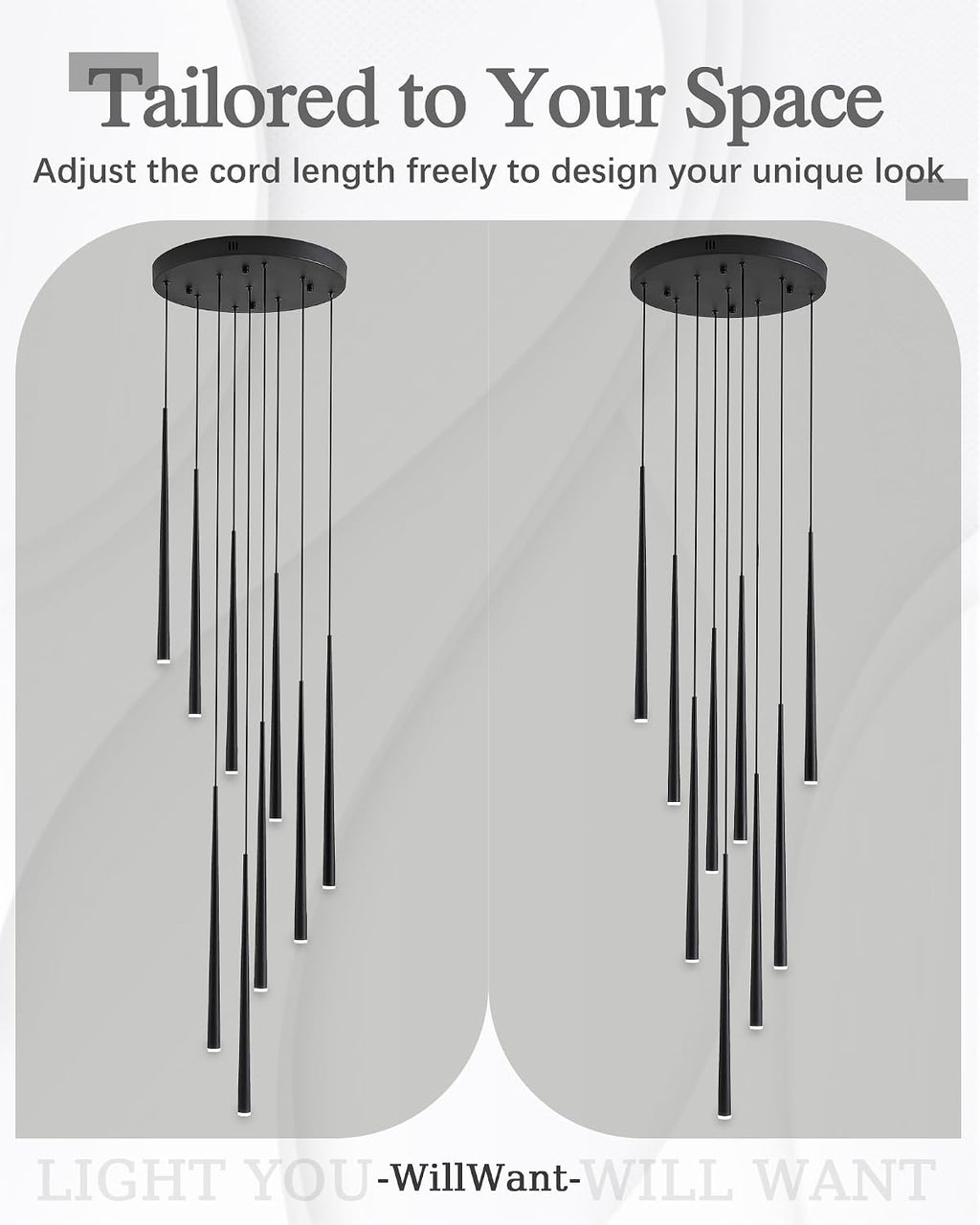 9-Light LED High Ceiling Chandelier, Modern Black Long Linear Pendant Chandelier for Staircase Entryway Foyer, Large Dimmable Hanging Light with 3 Color Temperatures