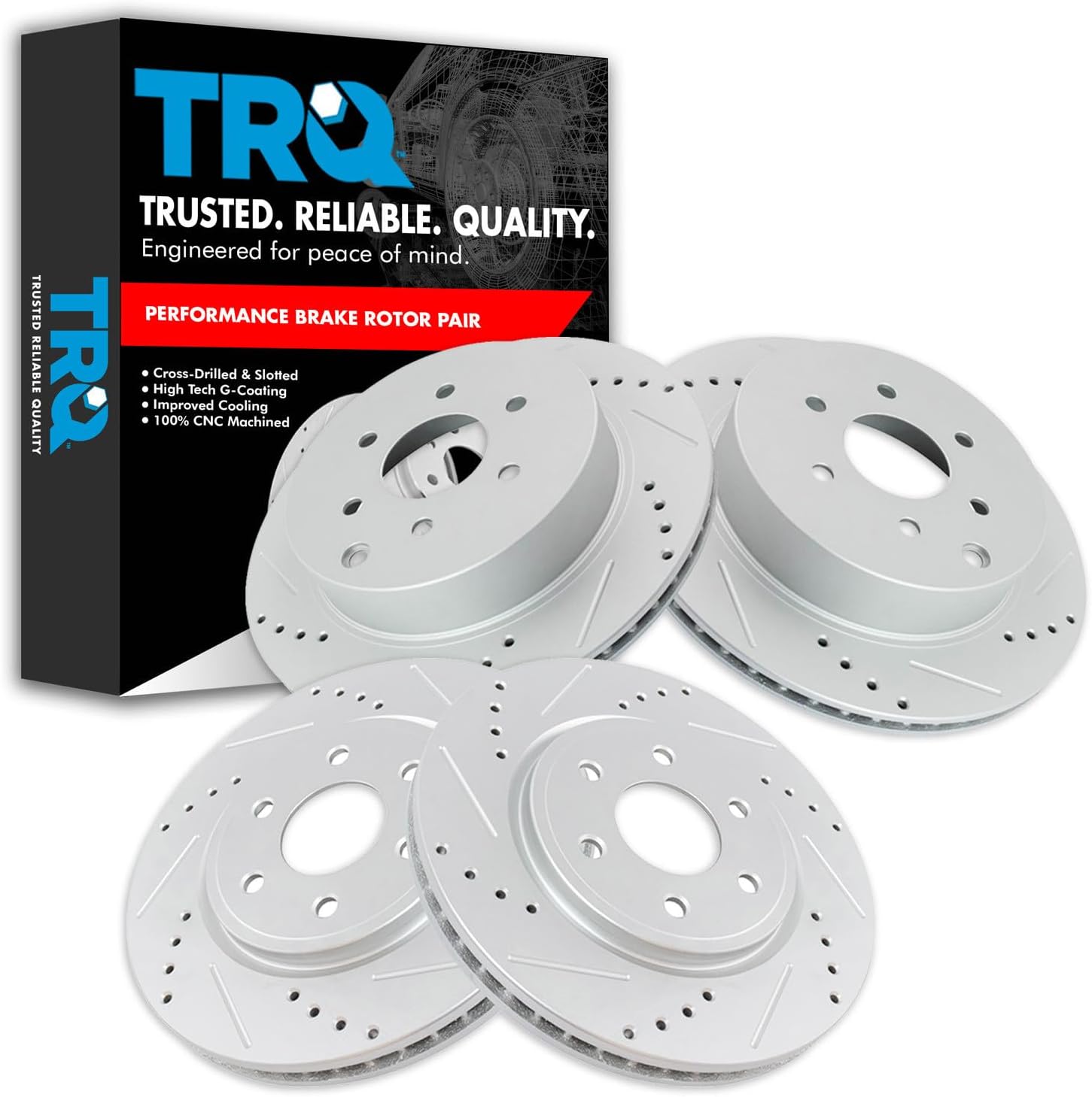 TRQ Performance Front and Rear Brake Rotor Set G Coated Drilled and Slotted Compatible with 2005-2012 Nissan Pathfinder