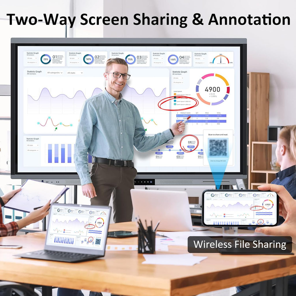 Shiarffe R9 Smart Board 55 Inch 4K Interactive Whiteboard All-in-One Touchscreen Digital Display 16GB RAM + 256GB Storage Built-in 60W Speaker for Classroom Hybrid Work (Board Only)