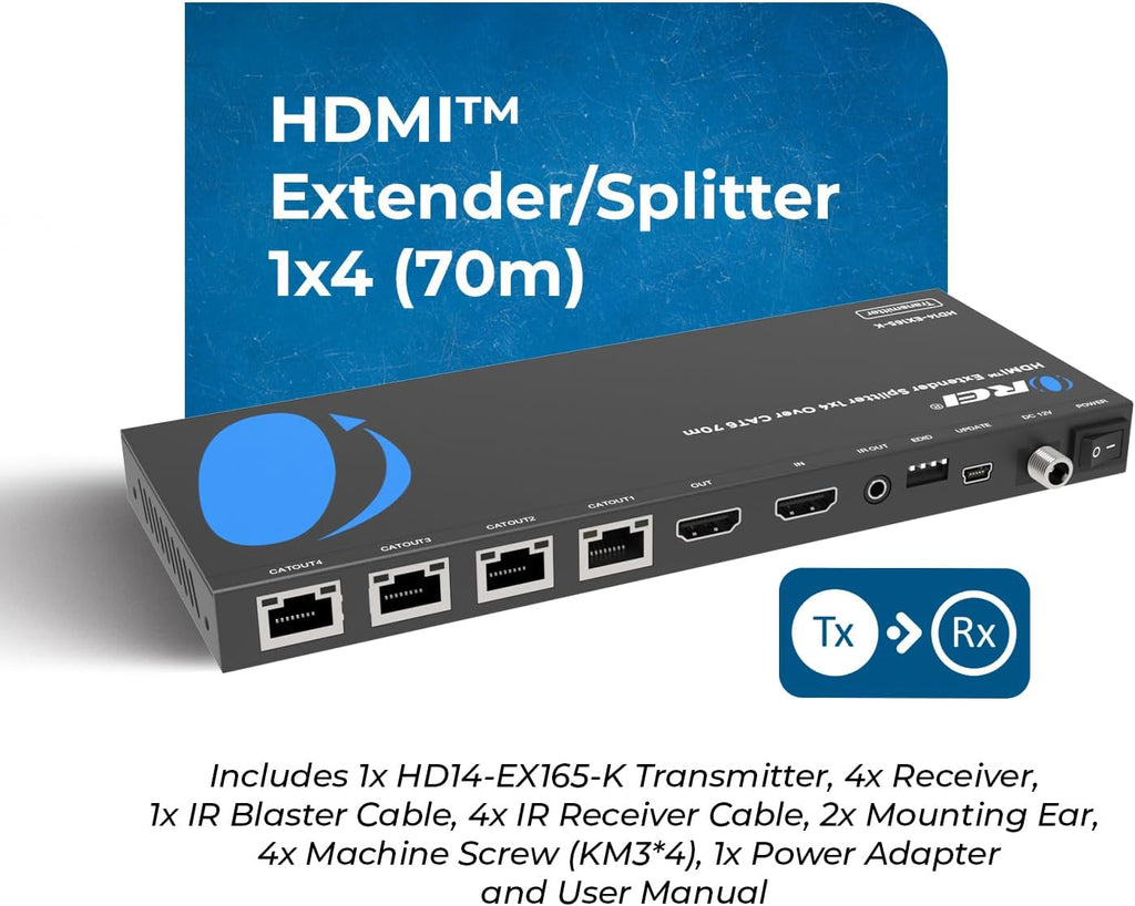 OREI 4K 1x4 HDMI Extender Splitter Over CAT6/7 Ethernet Cable Up to 4K@30Hz upto 165 ft-1080P@60Hz upto 230 ft, IR control, EDID, HDMI Loop Out (HD14-EX165-K)