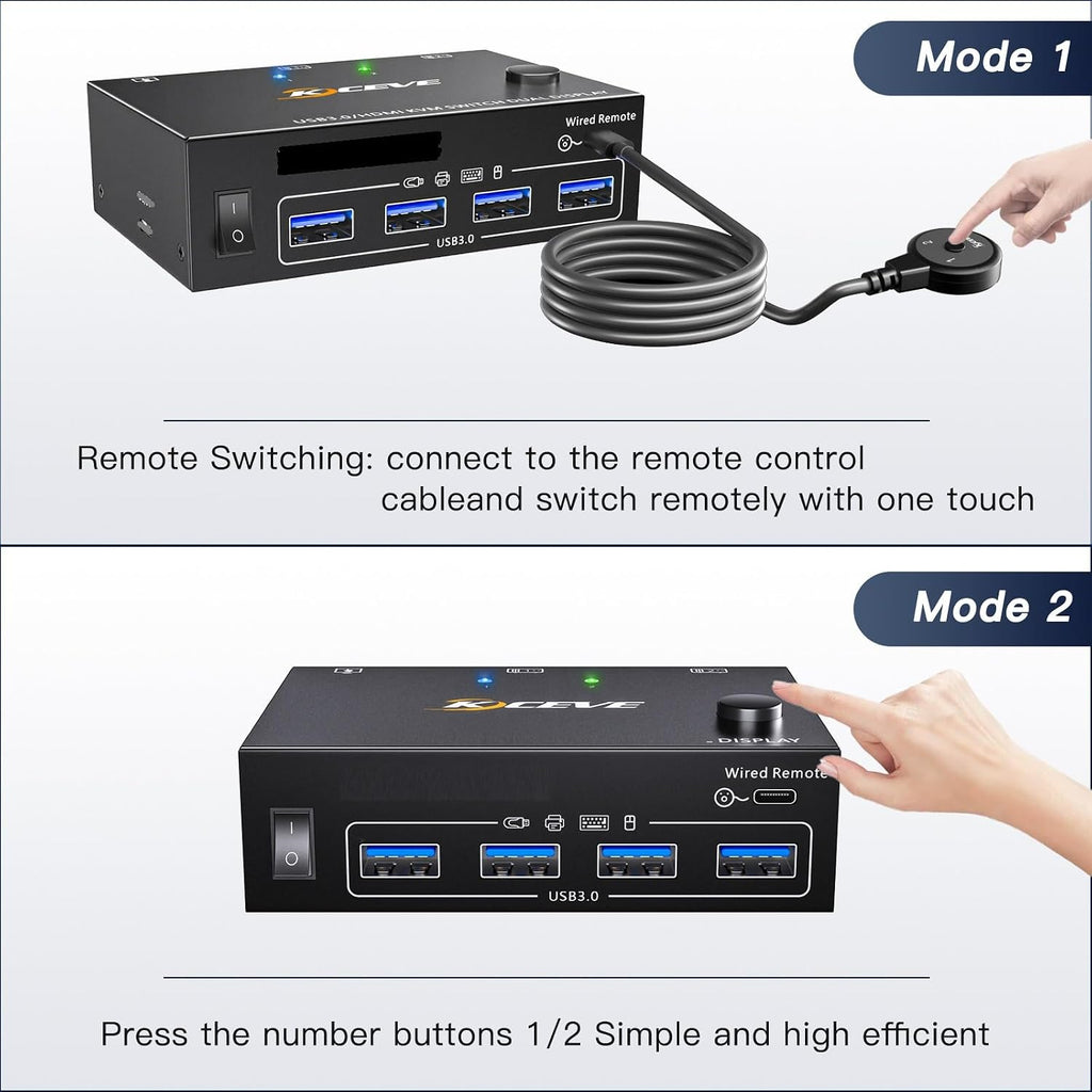 KVM Switch 4 Monitors 2 Computers 8K@60Hz/4K@120Hz, HDMI DP KVM Switches for 2 PC Sharing Quad Monitor and Keyboard Mouse with Power Adapter, Wired Extend Controller and USB Cables, 【Input 3 DP+1 HD】
