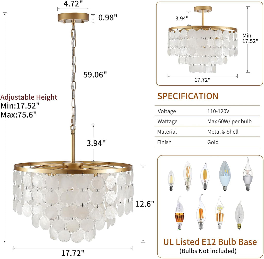 17.72' Capiz Shell Chandelier, 5 Light Modern Coastal Chandeliers, Gold Dining Room Light Fixture, Natural Seashell Hanging Light Fixtures for Living Room Bedroom Kitchen Foyer Bathroom