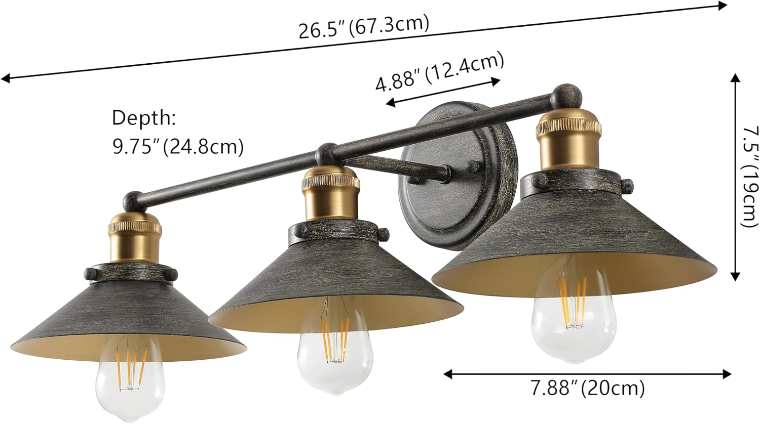 JONATHAN Y 26.5' Rustic Dark Gray/Brass Gold 3-Light Industrial Farmhouse Metal Vanity Light Wall Sconce, Metal Shade for Bathroom Mirror, Kitchen, Entryway, LED Bulb Included (JYL7428D)