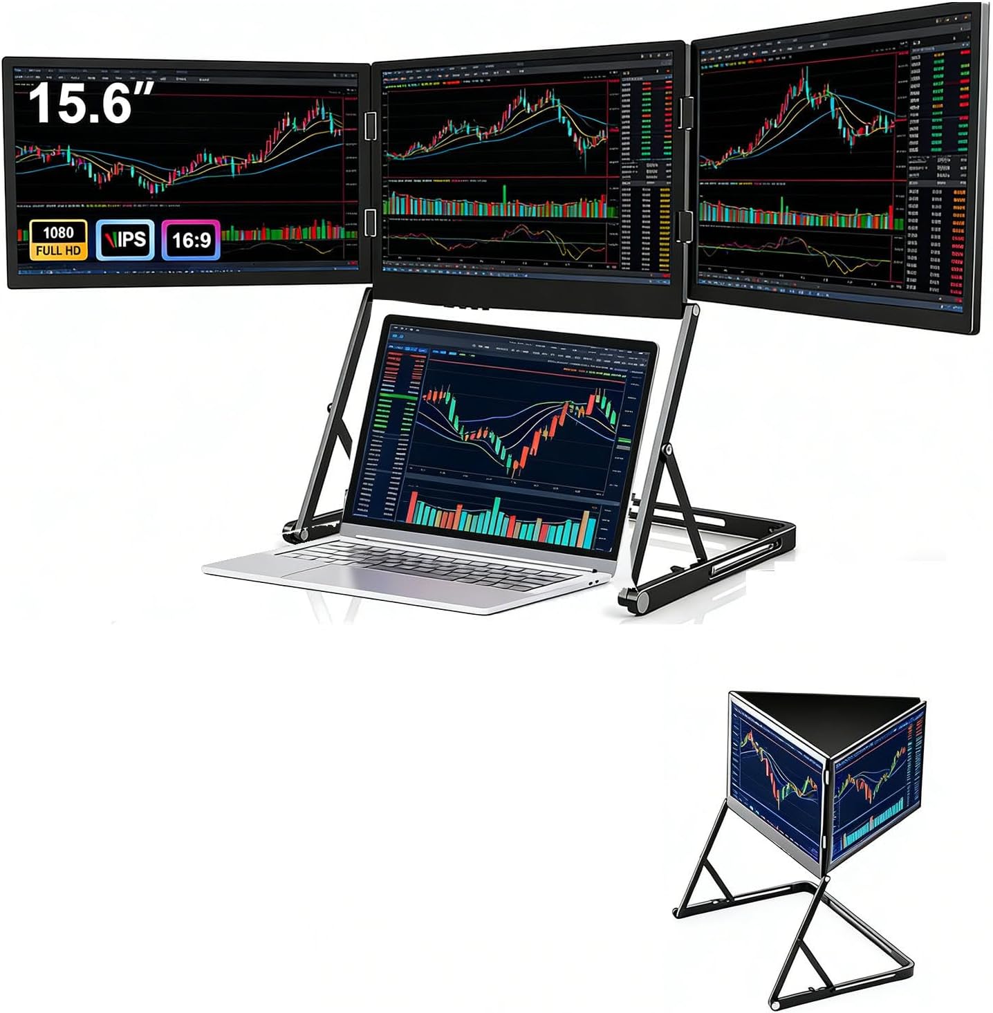 15.6' Portable Triple Monitor for Laptop, Full HD IPS Screen Extender, Multi-Screen Display, Featuring Type-C, HDMI & USB 3.0 Ports, Built-in Speakers, Height Adjustable