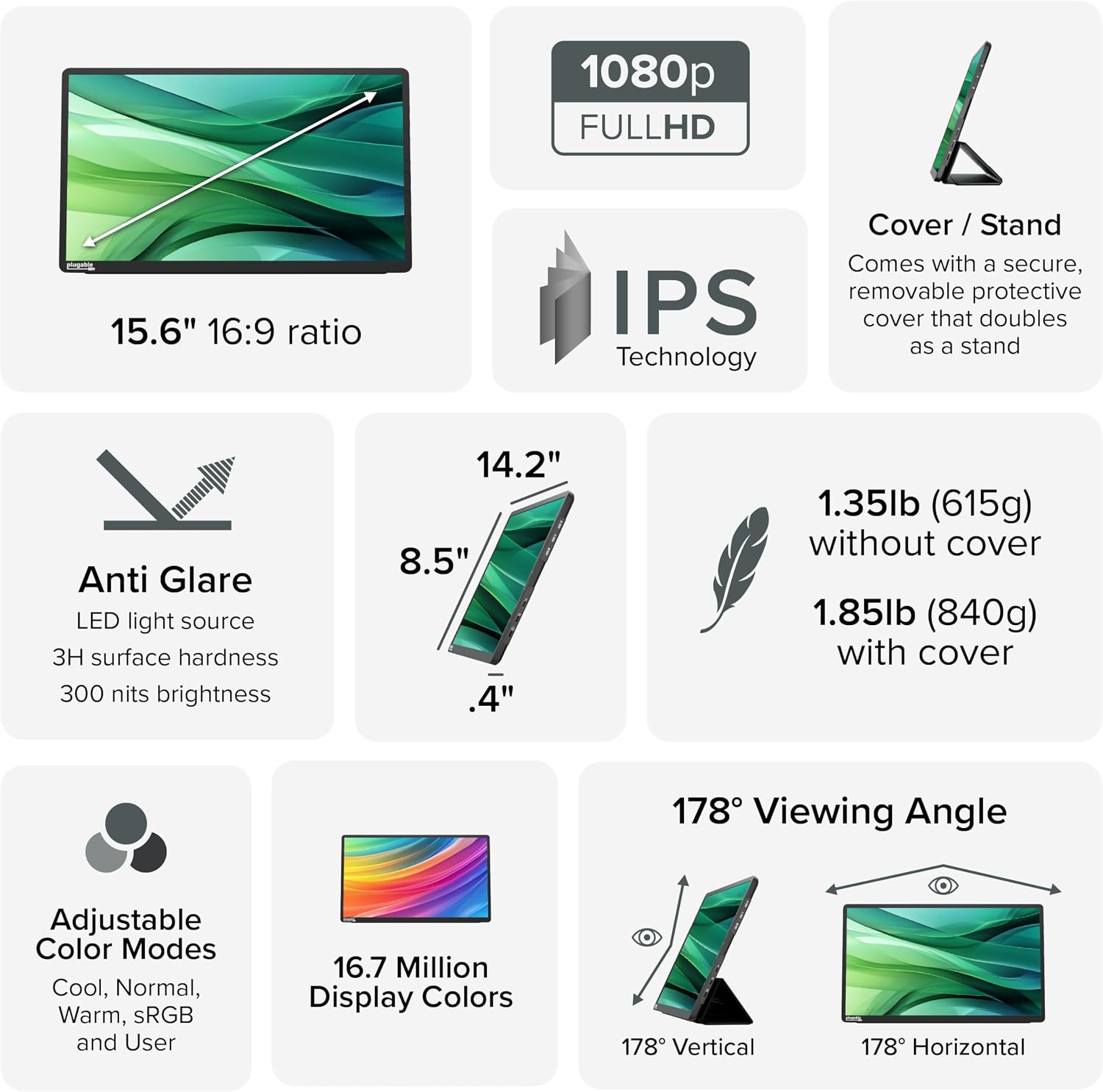 Plugable USB C Portable Monitor and USB C to Ethernet Adapter Bundle: 15.6' Monitor with 100W Charging, 3X USB-C 10Gbps, Protective Case/Stand, and 2.5Gbps Type C Ethernet Adapter
