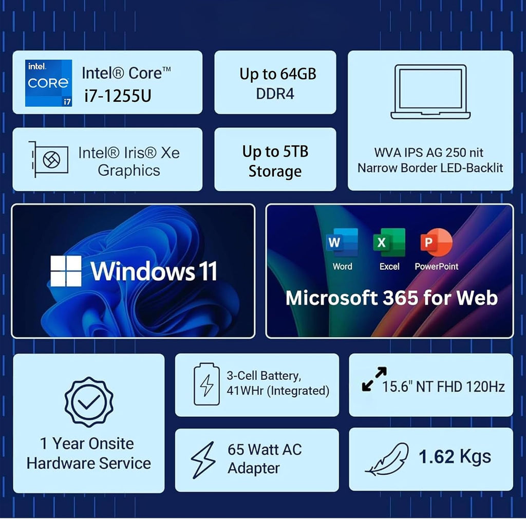 Dell Inspiron 15.6' FHD Touchscreen Business Laptop, 12th Gen Intel Core i7-1255U, 64GB RAM, 5TB SSHD (4TB PCIe SSD + 1TB HDD), Win 11, Office 365 for Web, USB-C, no Mouse