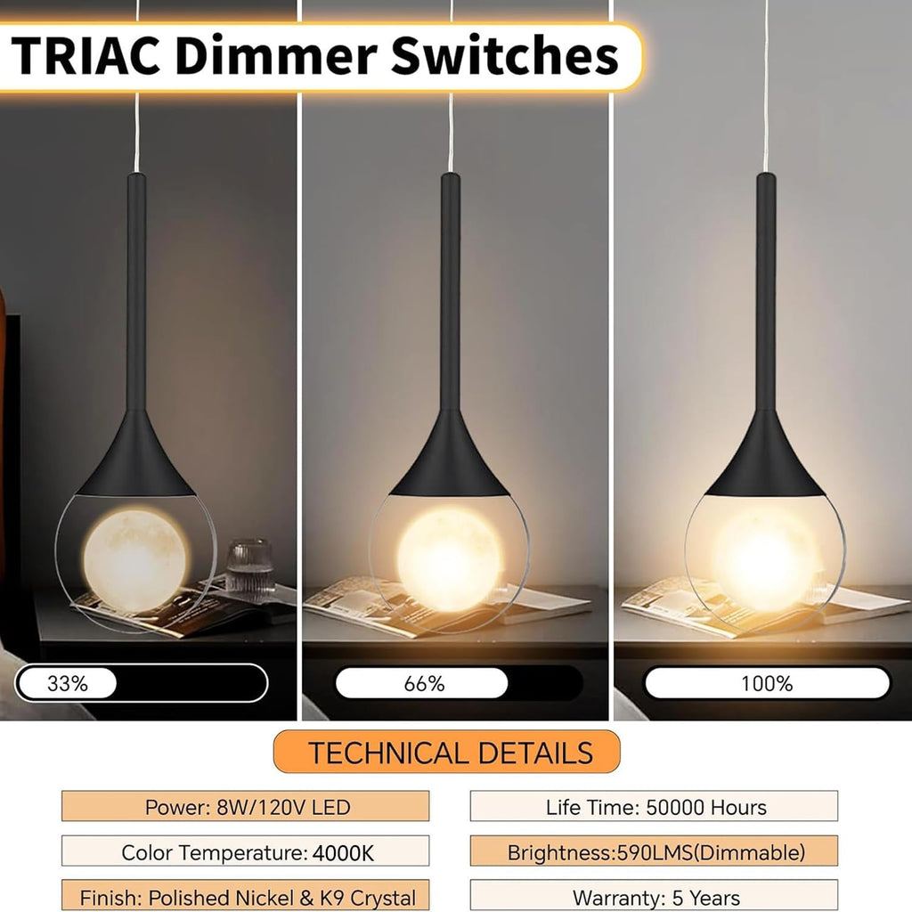2 Pack Modern Crystal Moon Pendant Lights, Dimmable Natural White (3000K) LED Black Hanging Light Fixture for Kitchen Island, Dining Room, Bar, Bedroom
