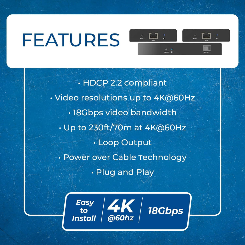 OREI HDMI 1×2 Splitter & Extender Over Ethernet – 4K@60Hz 4:4:4 HDCP 2.2 – Single CAT6/7 Cable up to 230 ft – EDID Management, IR Control, Loop-Out & Low Latency