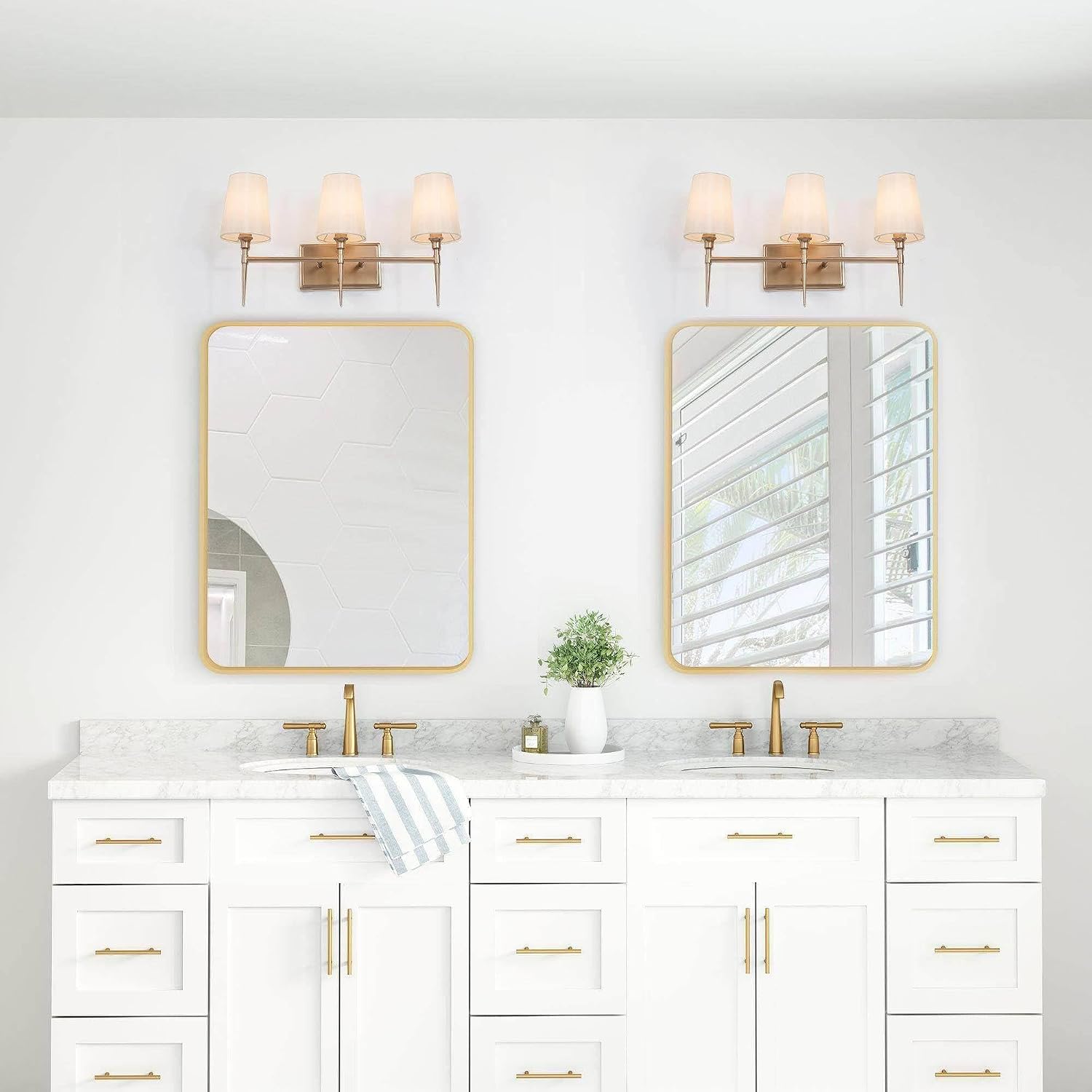 Bathroom Wall Light Fixtures, 3-Light Gold Vanity Light with White Fabric Shade, Modern Wall Lamp Over Mirror for Hallway, Bedroom, Kitchen, and Living Room