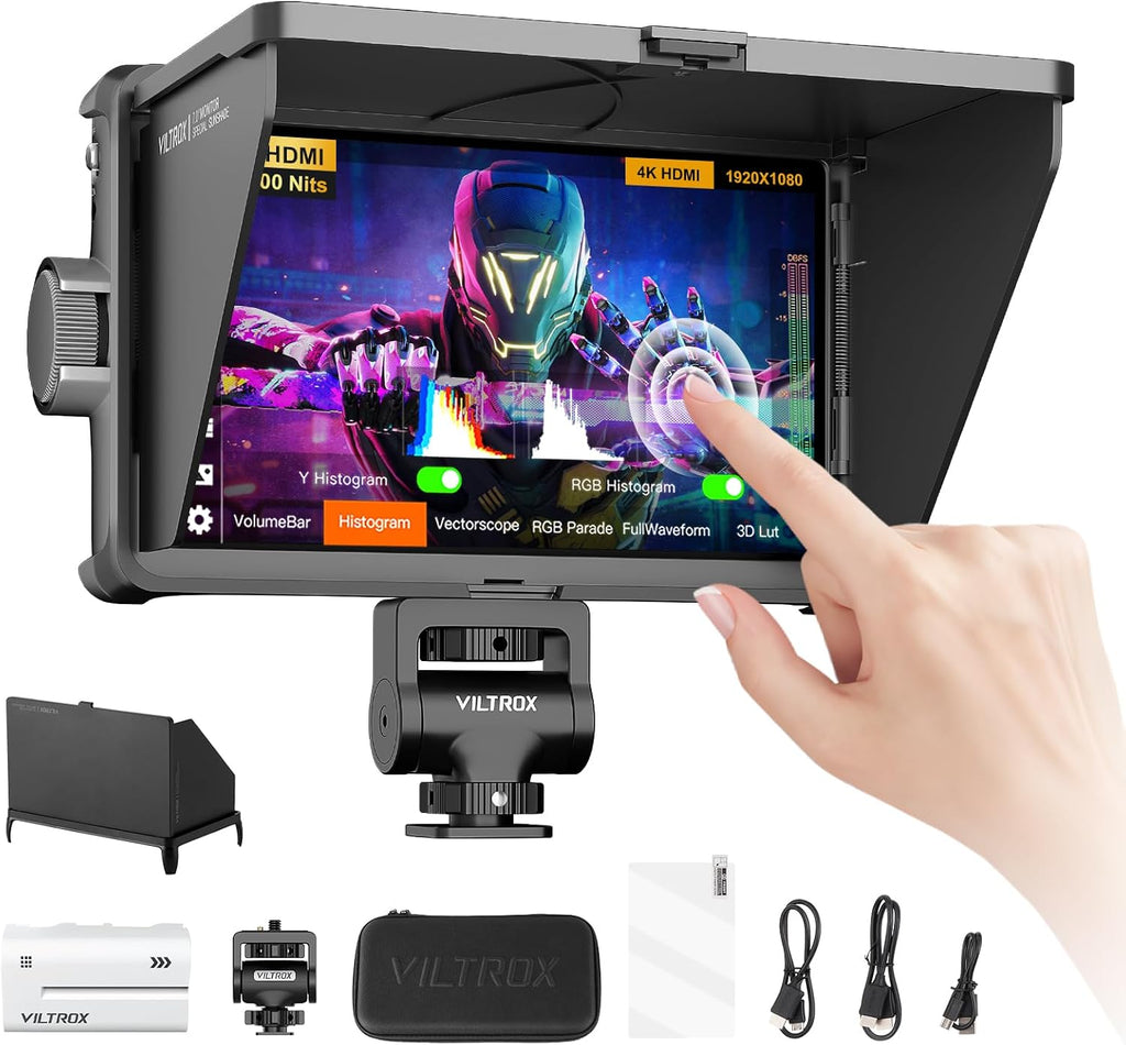 VILTROX DC-A1 2800nit Camera Field Monitor, 7' 4K 60Hz Video External DSLR Screen 1920x1080 Brightness Touchscreen with Sunshade Hood, 3DLUT, Waveform&Vectorscope Battery for Sony Canon Nikon Fuji