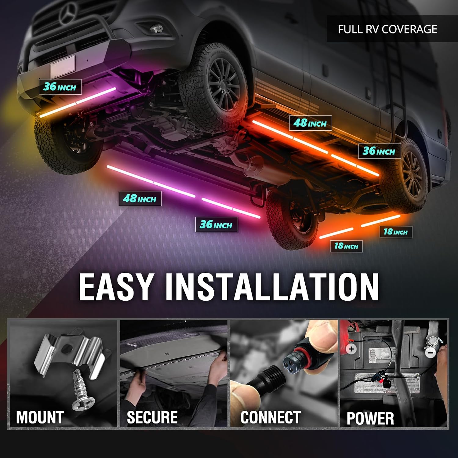 OPT7 Aura DreamColor Underglow Chasing Lights for RV with APP & Remote | Waterproof Aluminum Frame, RGB-IC LED Light Bar, Exterior RV Accent Lighting, Outdoor Camper Decor, Music Sync