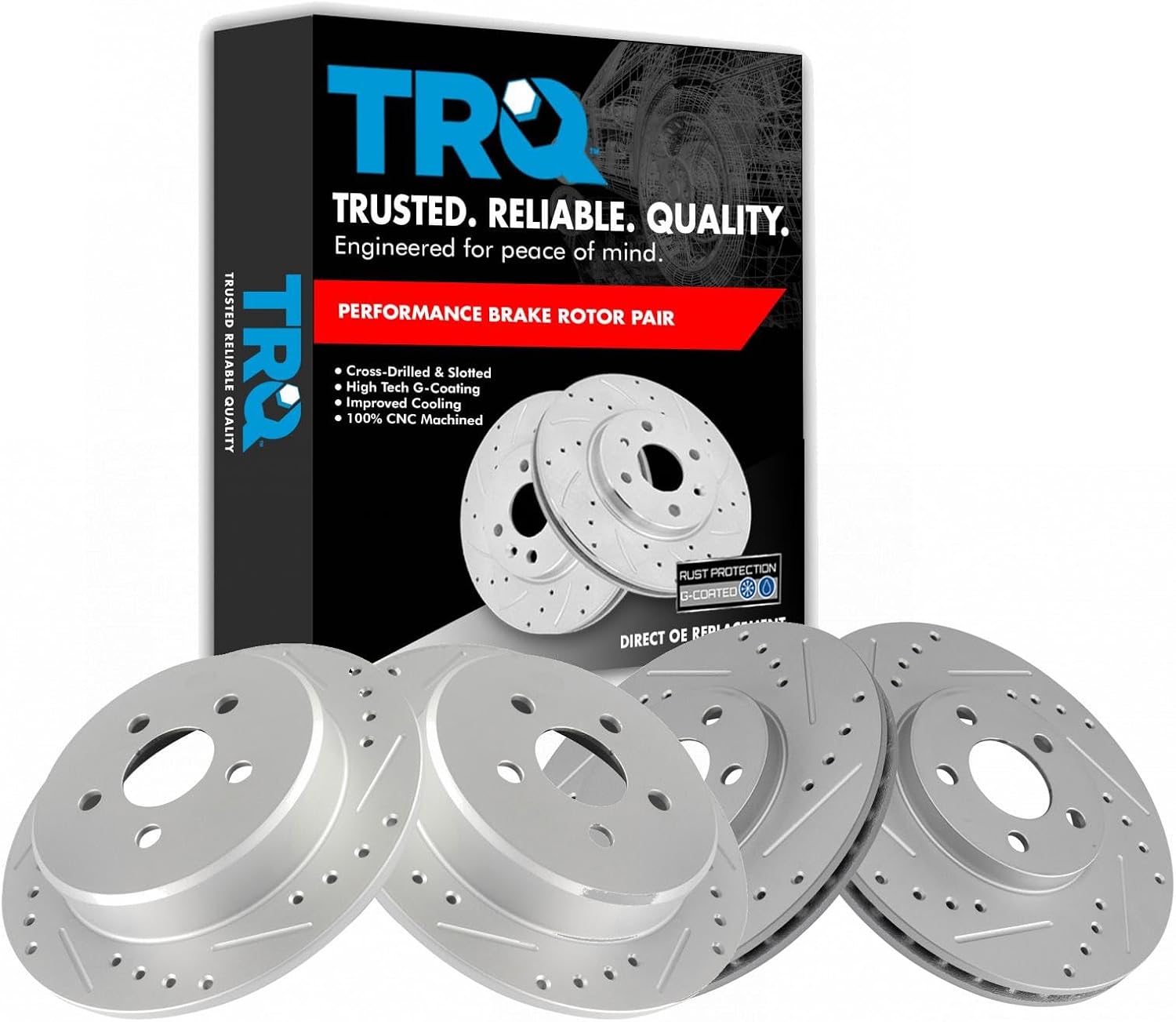 TRQ Performance Front and Rear Brake Rotor Set G Coated Drilled and Slotted Compatible with 2001-2003 2006-2007 2010 Chrysler PT Cruiser