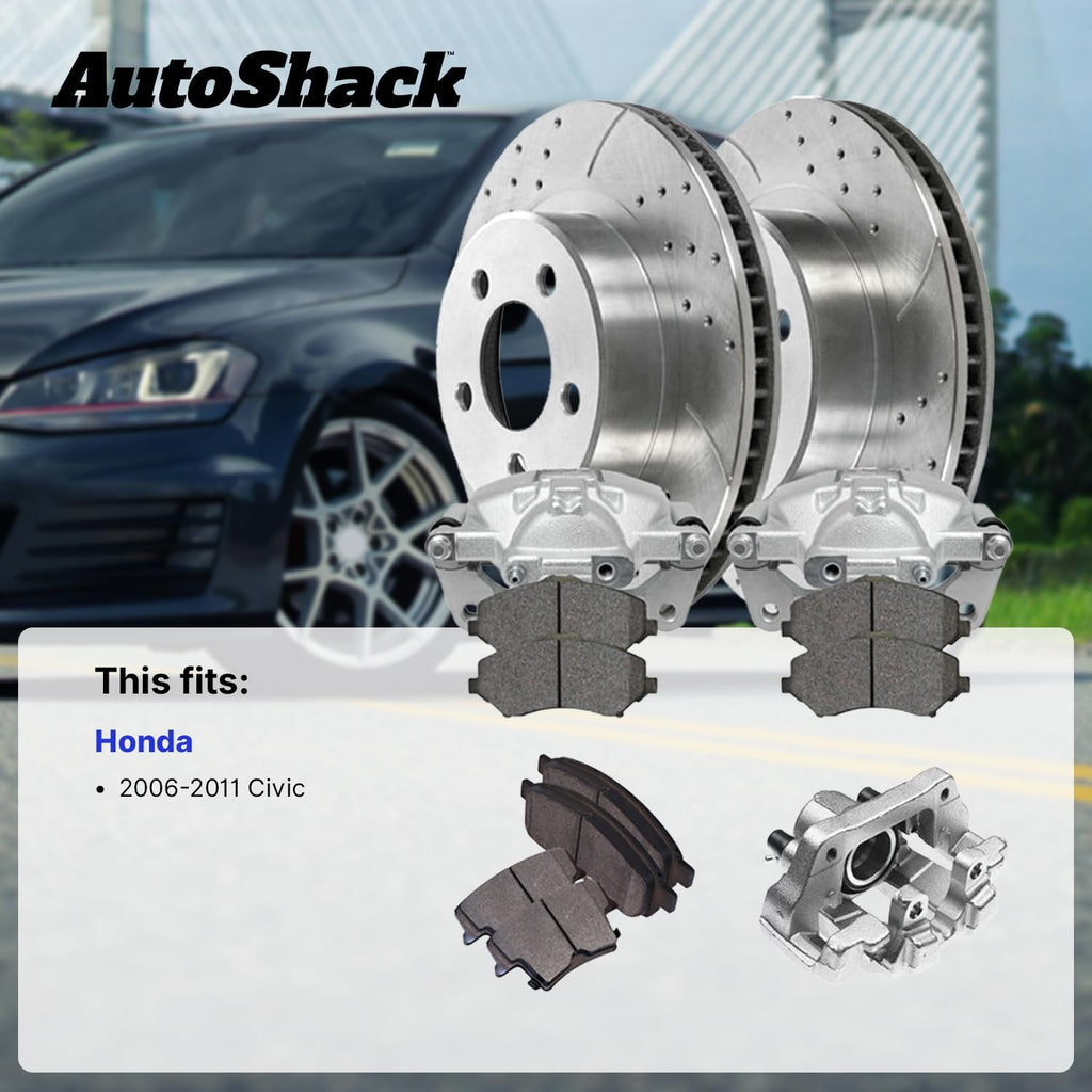 AutoShack Front Brake Rotors, Ceramic Pads & Calipers for Honda, Civic 2006-2011, FWD L4 1.3L - Silver Zinc Coated Drilled & Slotted - SilverShield Pro - 10.31' (261.9 mm), 5-Lug