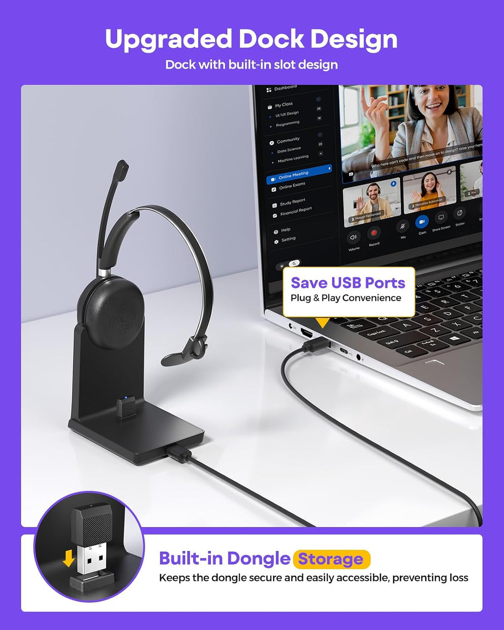 Wireless Headset with Mic for Work, Clear Sound ＆ Comfortable Computer Headset with Microphone, Bluetooth Headset with Charging Base & USB Dongle for Home/CallCenter/Teams/Zoom/Skype(Black)