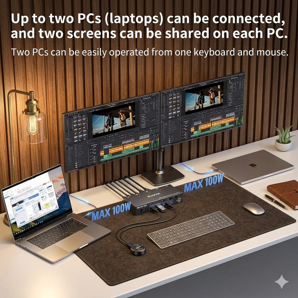 USB C KVM Switch for 2 Monitors 2 Laptops, Reyoten Dual Monitor USB Type-C KVM Switcher with PD Charging Function, Supports 4K@60Hz for 2 PCs, No Driver Required
