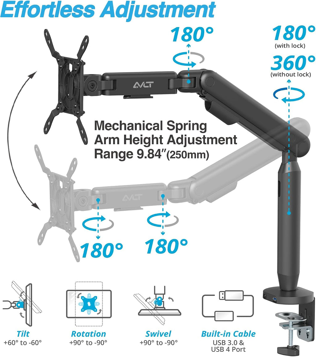 AVLT Single 17'-40' Ultrawide 3-Segment Easel Monitor Arm for Screens Up to 24.3 lbs, Aluminum Designer Stand, Adjustable Pneumatic Height, Full Motion Swivel Tilt Rotation, USB-C&A Ports, Black