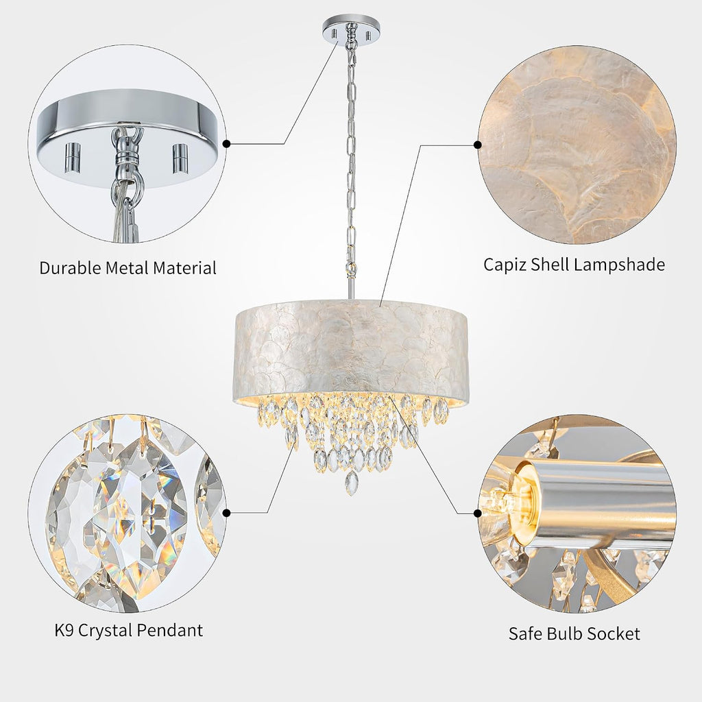 4-Light Drum Capiz Shell K9 Crystal Chandelier, Coastal Style Pendant Light Fixture for Dining Room, Living Room, D17.7 x H21~68 inch (Adjustable), Clear Crystal & Chrome Finish