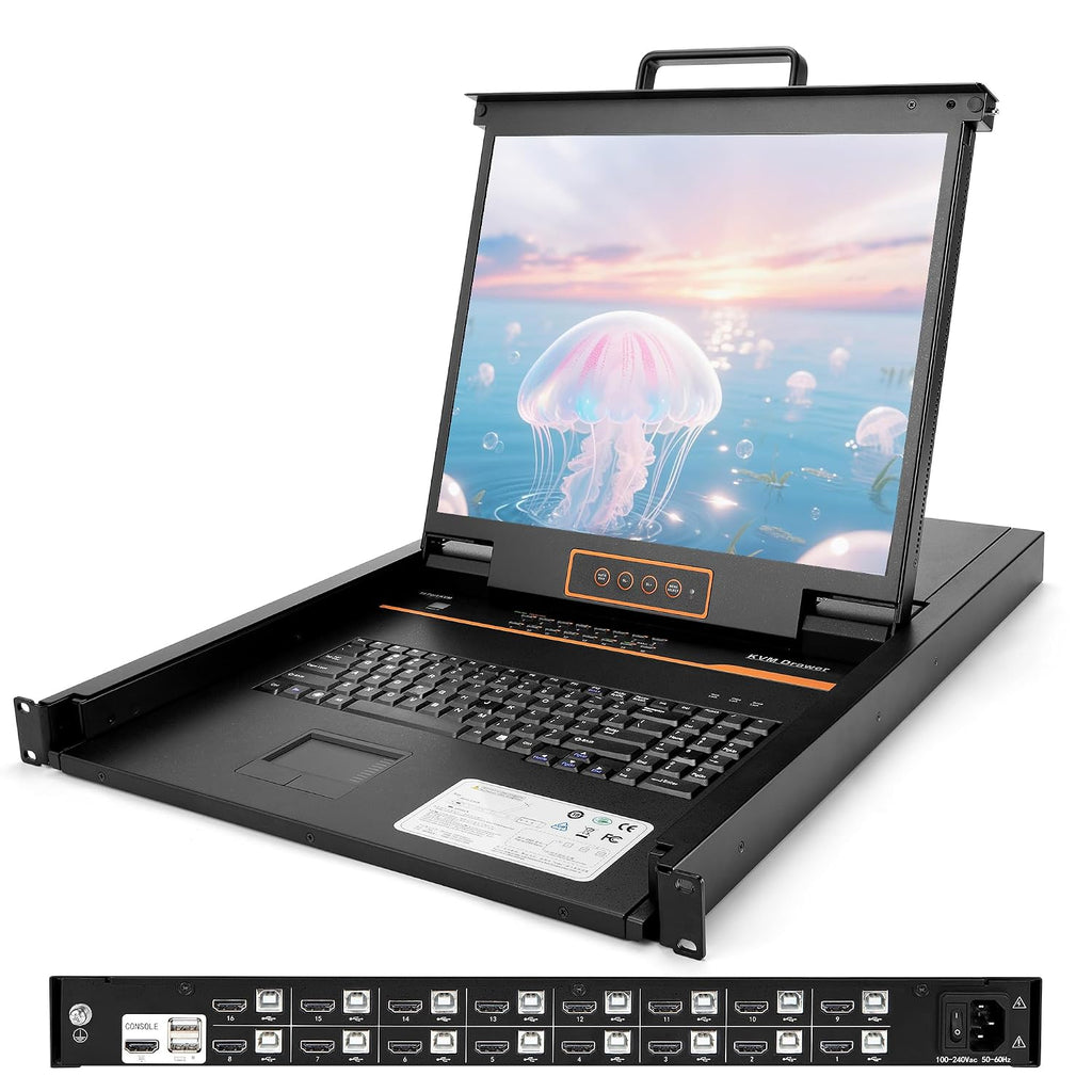 19-Inch Rackmount KVM Console, 1U Rack Mount Monitor and Keyboard HDMI 16 Port KVM Switch, OSD/Hotkey/Button Switching, Includes Cables, Compatible with Windows,Linux,Mac,Sun