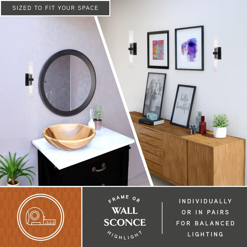 VAXCEL Bari 2-Light 4.5 in. Wide Matte Black Contemporary Wall Sconce, Clear Glass Shade, Dimmable, LED Compatible, Vertical or Horizontal Mount, Steel Bathroom Vanity Lighting Fixture