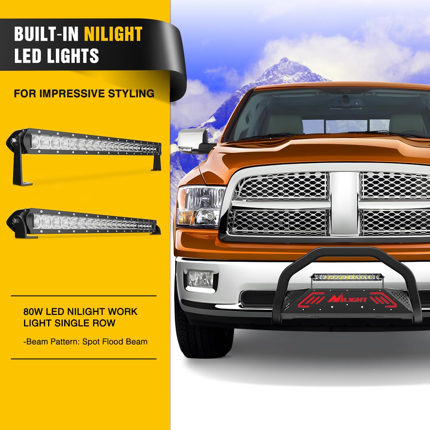 Nilight Bull Bar with Light Bar&License Plate Hole for 2009-2018 Dodge Ram 1500&2019-2024 RAM 1500 Classic (Exl Rebel Sport) Truck Brush Guard Front Bumper Push Bar w/Grille Skid Plate Light Mount