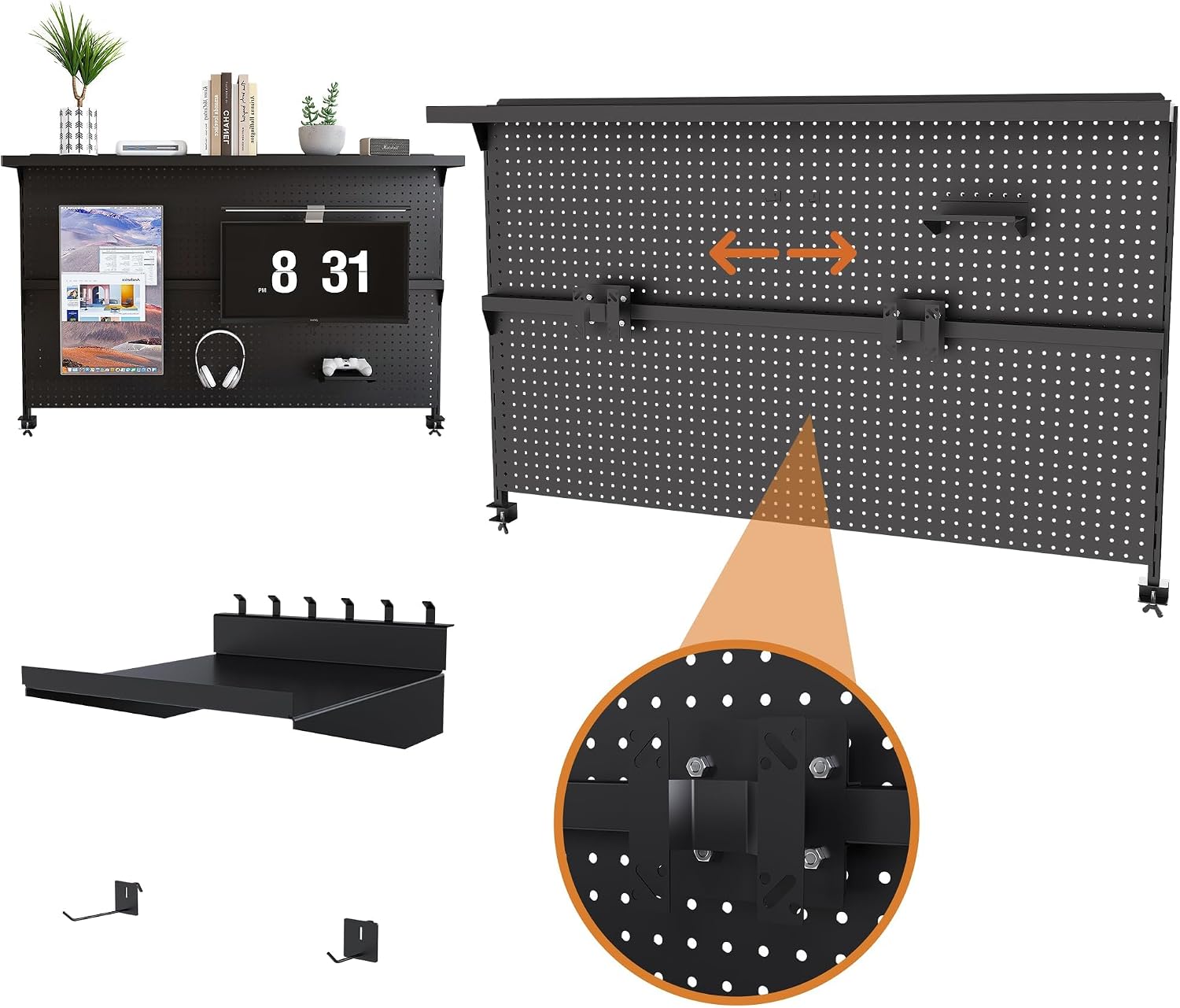 Clamp-On Metal Desk Pegboard with Dual Monitor Stand–No Drilling Needed! 59x35 Inch Steel Privacy Panel with Hooks & Movable Partition, Peg Board Wall Organizer for Gaming & Office