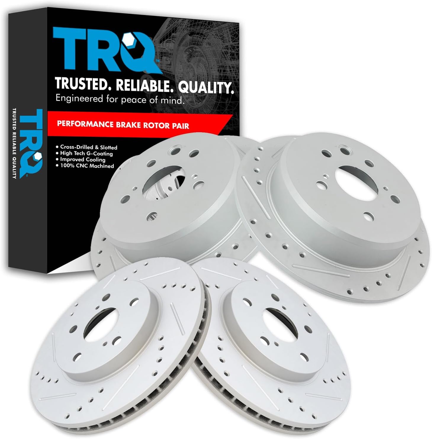 TRQ Performance Front and Rear Brake Rotor Set G Coated Drilled and Slotted Compatible with 2006-2015 Lexus IS250