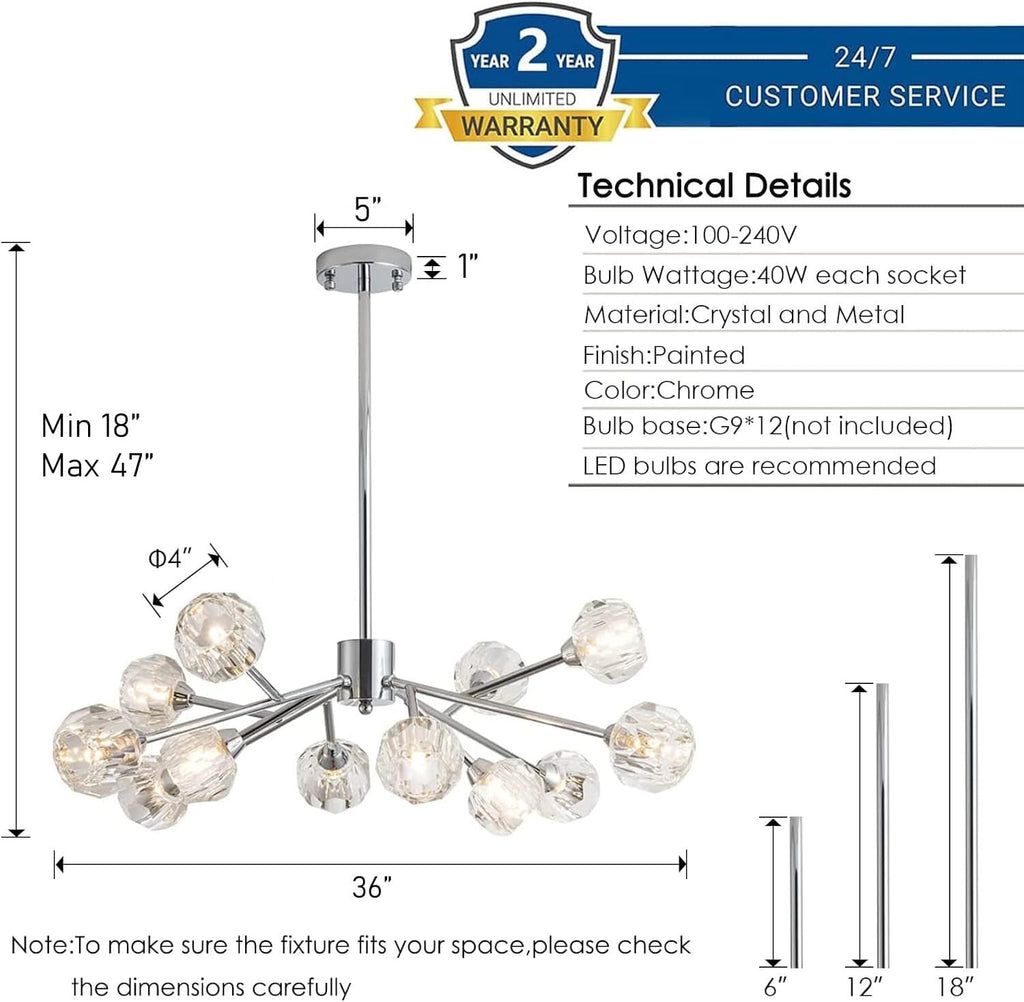 Weesalife Sputnik Chandeliers for Dining Room Light Fixture Over Table, Modern Crystal Chandeliers, 12 Lights Chrome Lighting Fixtures for Living Room Bedroom Kitchen Island Bar