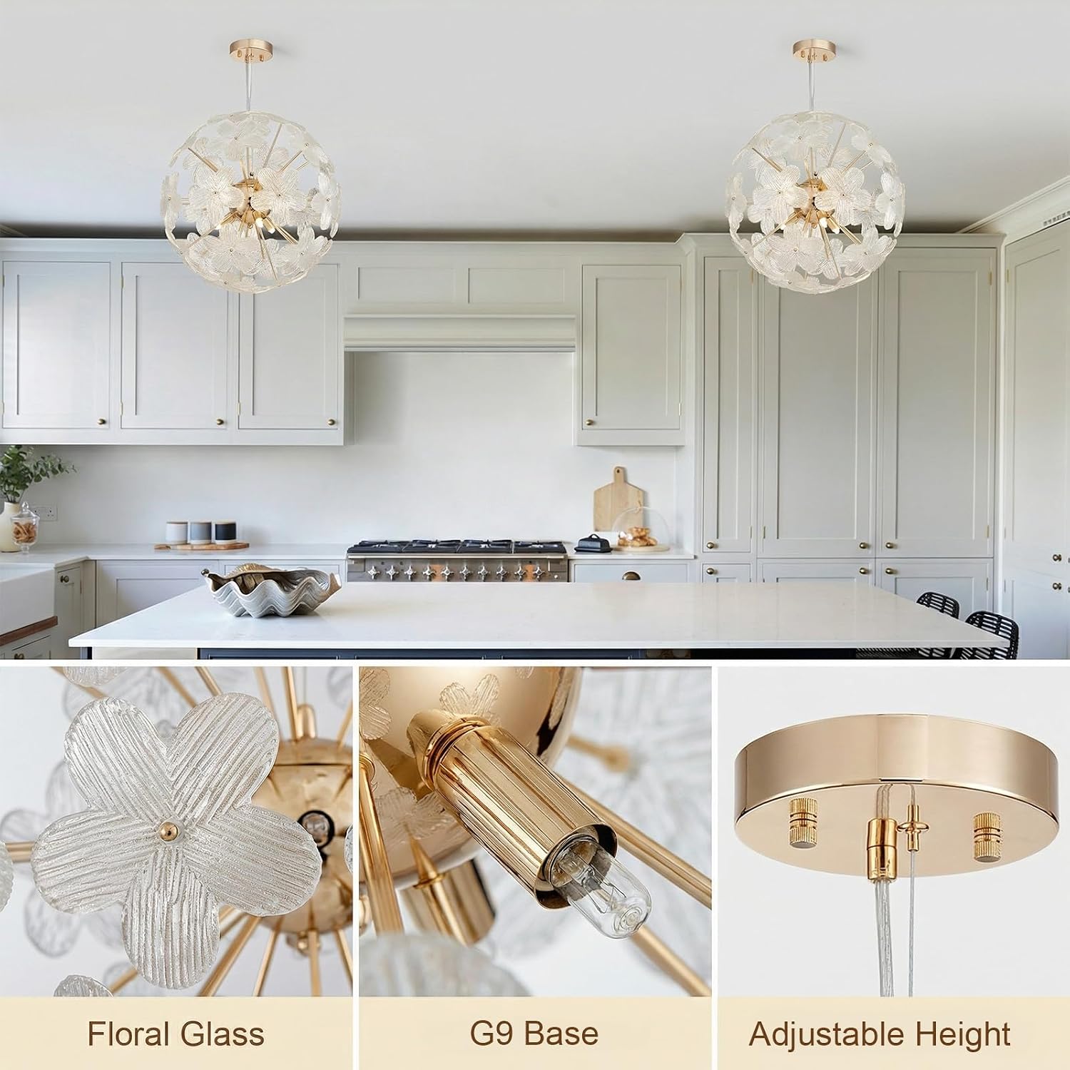 Modern Farmhouse Spherical Glass Chandelier Gold Floral Pendant Lighting Fixture Flower Height Adjustable Hanging 9 Light for Dining Room, Living Room, Bedroom, Hallway, Kitchen, Foyer