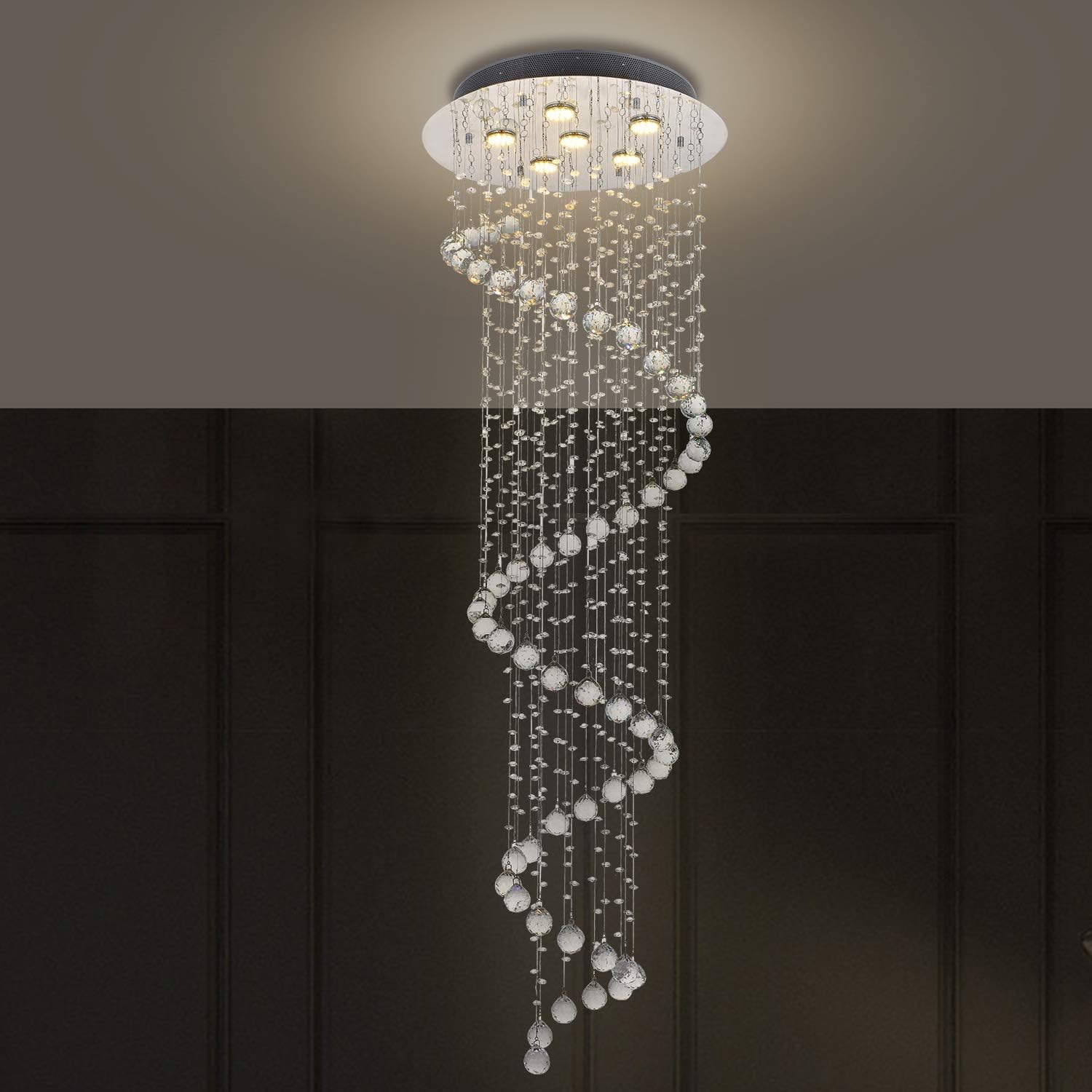 Elegant Spiral Crystal Chandelier Lighting, Clear K9 Crystal Raindrop LED Ceiling Lights Chrome Flush Mount Pendant Light Fixture for Livingroom Dining Room Hallway Stairway Foyer (D20'' H62'')