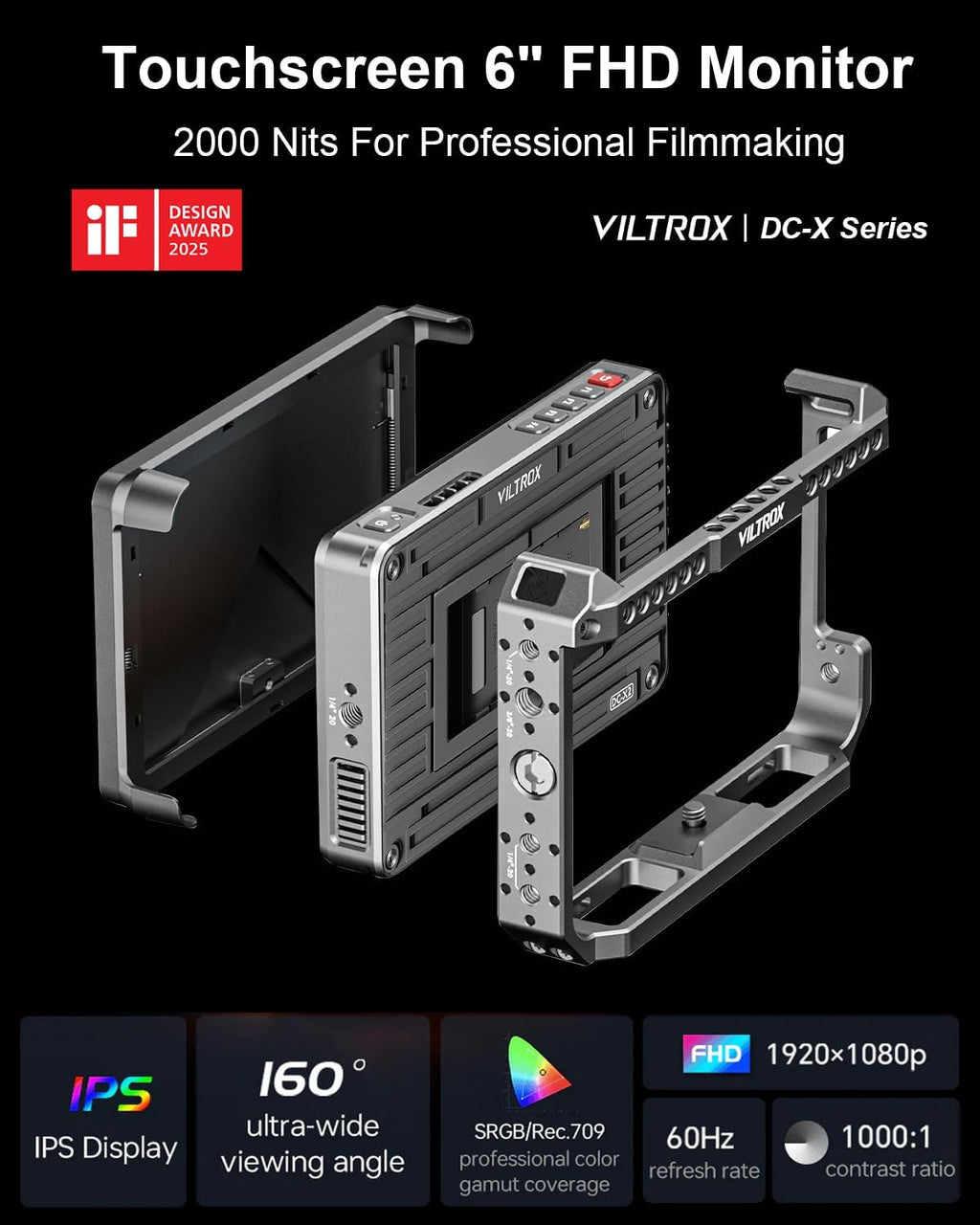 VILTROX DC-X FHD 2000Nits 6' Touchscreen Camera Field Monitor with Rig Cage, Sunshade Hood, Battery, Storage Bag(DC-X2 Rig Kit, HDMI)