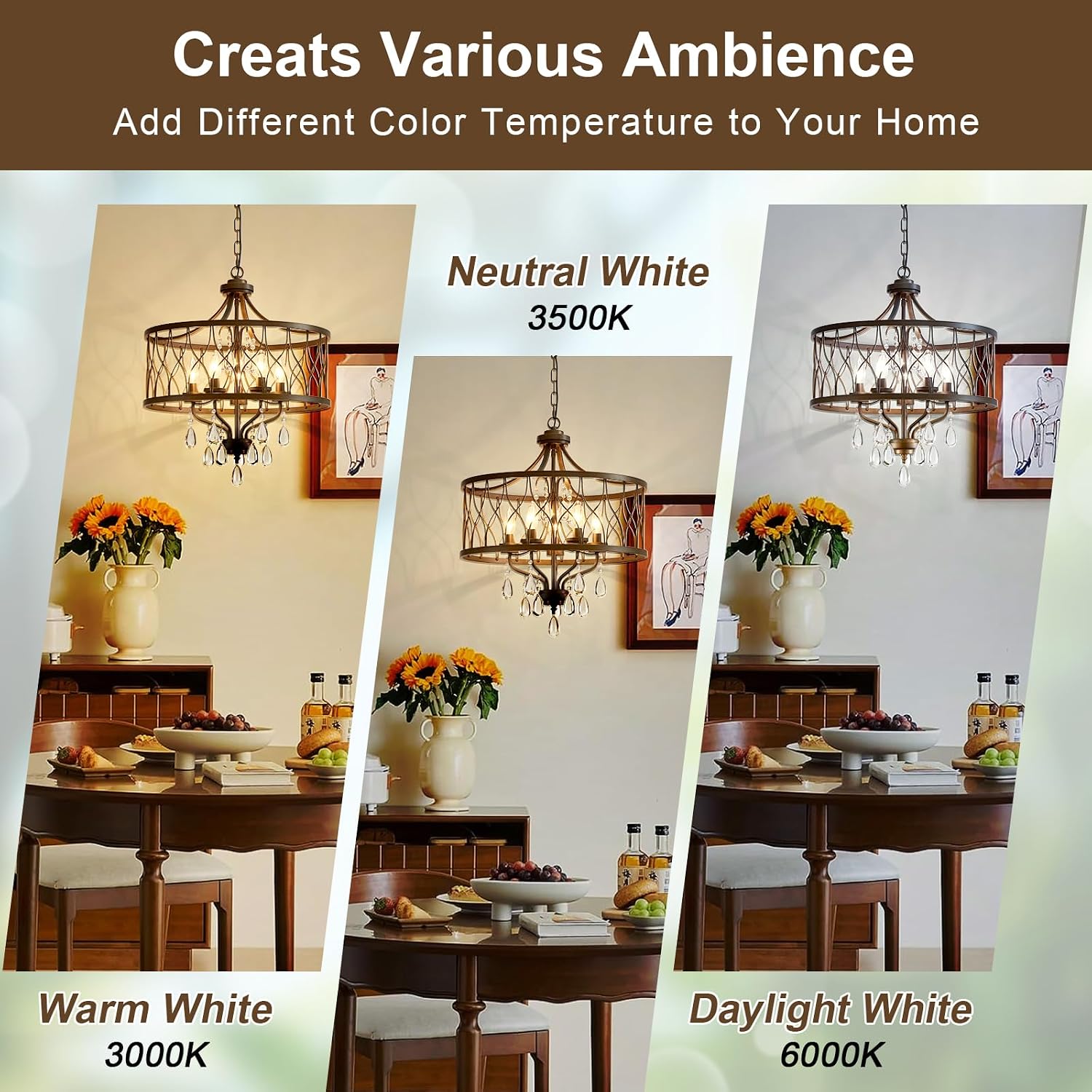 Modern Crystal Chandelier, 5-Light Farmhouse Bronze Chandelier for Dining Room Vintage Hanging Pendant Light Fixtures Round Chandelier for Kitchen Island Entryway Foyer Bedroom Office Bar