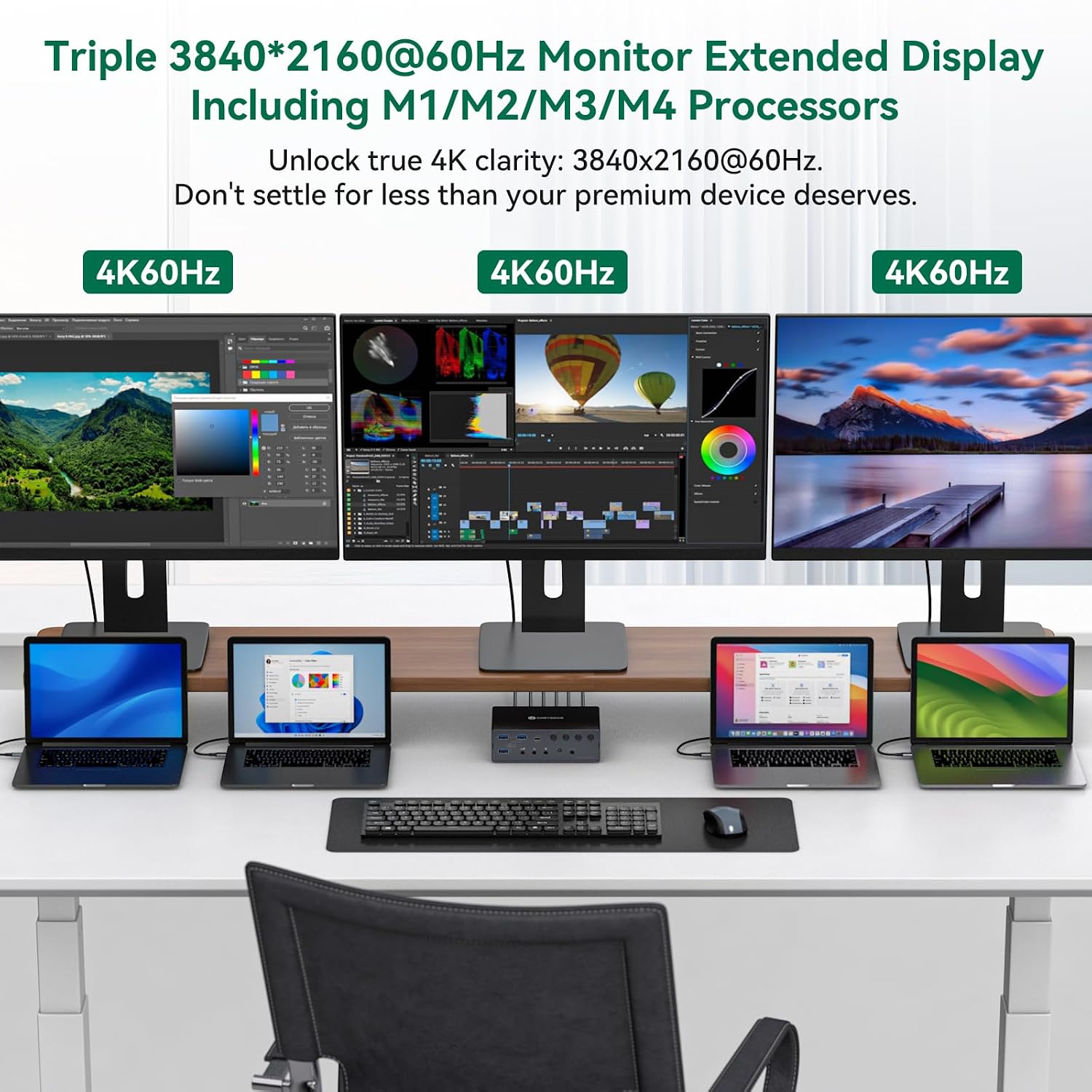 Thunderbolt 4 KVM Switch Docking Station for 3 Monitors 4 laptops/Macbooks Extended Triple 4K60Hz HDMI Display with Displaylink USB3.0/USB C, M1/M2/M3/M4 Mac/Windows/Chrome etc.with Audio and Ethernet