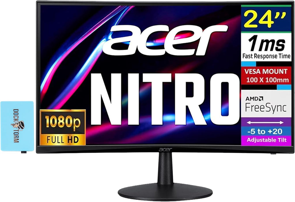 Acer ED240Q H 24' FHD Monitor with 1ms Response Time, AMD FreeSync, Anti-Glare, VESA Mount (100x100mm), Low Blue Light, VGA, HDMI & Dockztorm USB Port Expander, Black Color (UM.UE0AA.H01)
