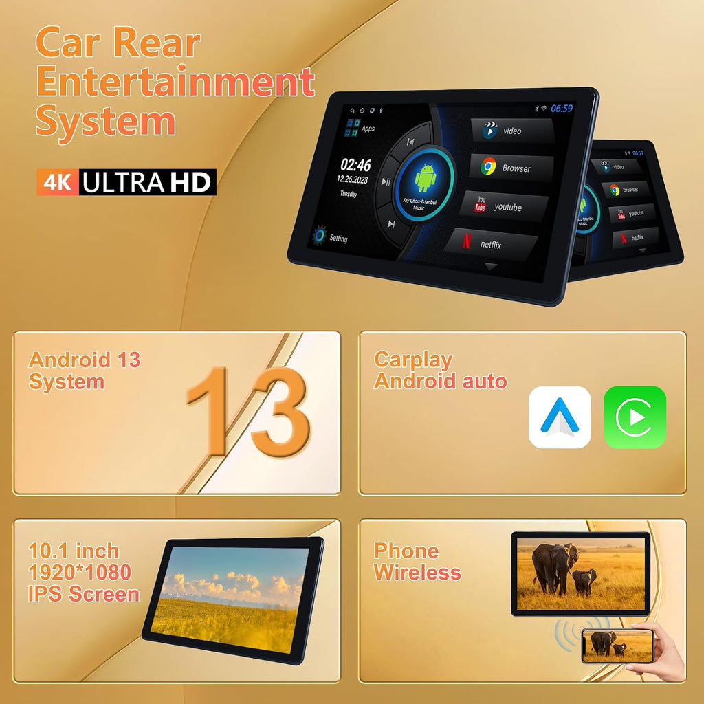 10.1' Car TV Headrest Monitor for Back Seat, 4K Android Tablet Portable Rear Entertainment System, Support Phone Wireless MirrorLink, with WiFi/HDMI/USB/Video Player, 2G+32G (2*PCS)
