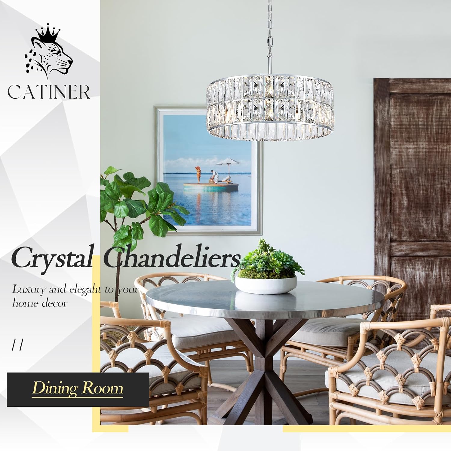 CATINER Modern Crystal Chandelier 18'Chrome Semi Flush Mount Ceiling Light Fixtures 6-Lights Drum Crystal Pendant Lighting for Dining Room Foyer Bedroom Living Room