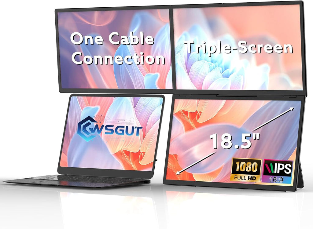 18.5'' Portable Triple Monitor, One Cable Laptop Screen Extender, FHD 1080P Quad Monitor, Built-in Stand Compatible with Windows Mac, Fits 10'-18' Laptops(Driver Need)