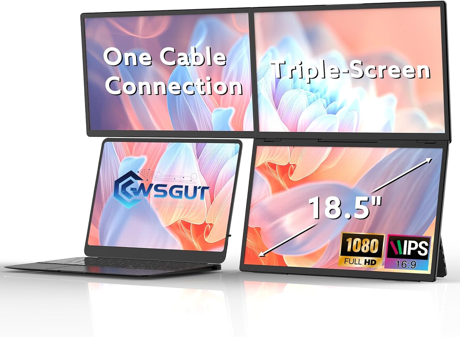 18.5'' Portable Triple Monitor, One Cable Laptop Screen Extender, FHD 1080P Quad Monitor, Built-in Stand Compatible with Windows Mac, Fits 10'-18' Laptops(Driver Need)