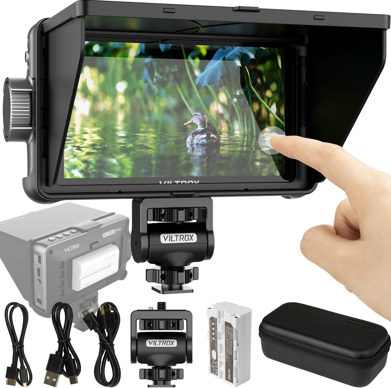 VILTROX Camera Field Monitor DC-550pro 5.5' Kit Touch Screen 4K HDMI DSLR Cameras Video Monitors with Sunshade Hood np-f550 Battery
