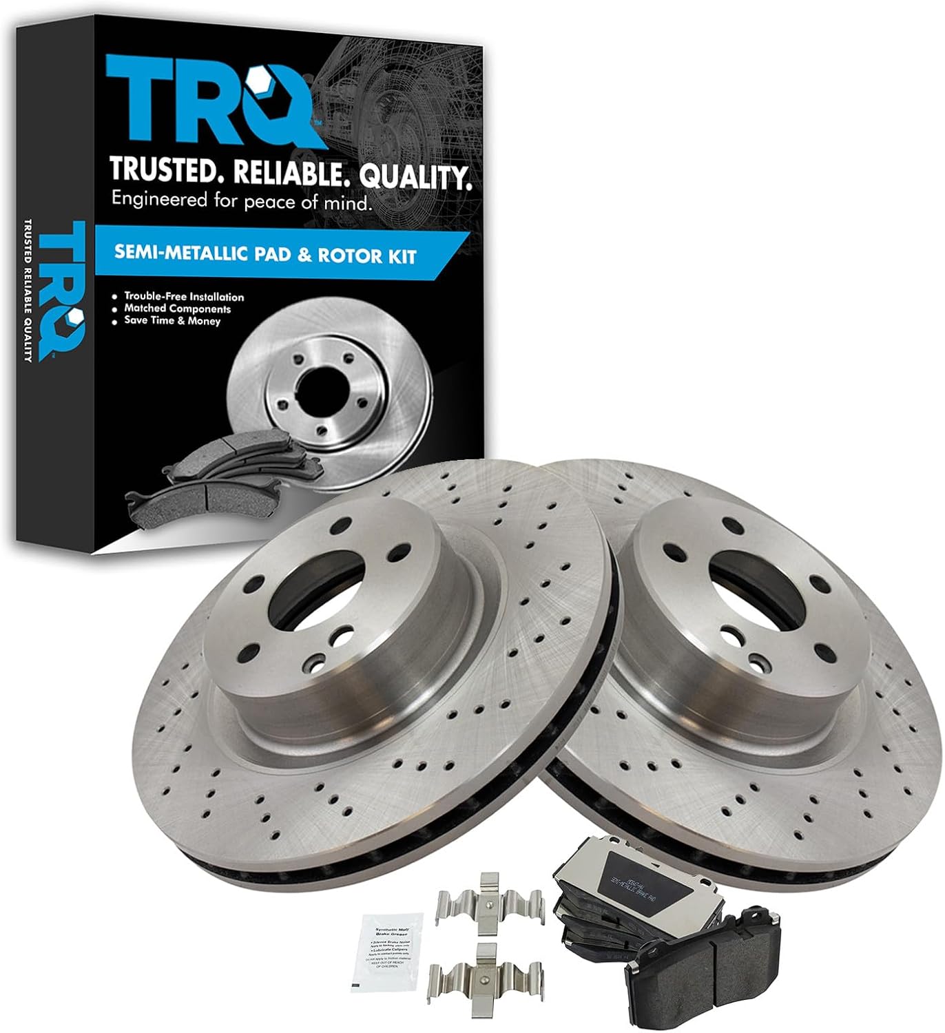 TRQ Front Brake Pad and Rotor Set Semi Metallic Vented Rotors Compatible with 2000-2002 Mercedes-Benz CL500 2000-2003 S430 S500