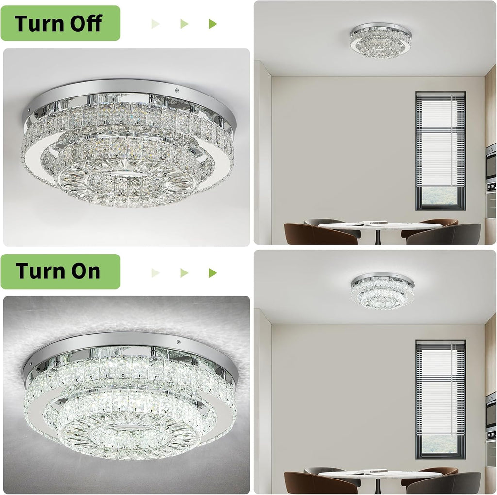 HOPGGIE 18 Inch Crystal Chandelier with Remote Control 2 Tier Flush Mount Ceiling Light Fixture LED Chandelier Light for Living Room Bedroom Dining Room Closet (dimmable)