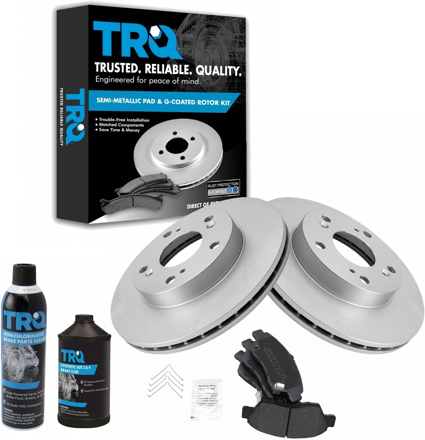 TRQ Front Brake Pad & Rotor Kit, with Chemical Kit Semi-Metallic Premium G-Coated Compatible with 2002-2006 Acura RSX 2006-2011 Honda Civic 2011-2015 CR-Z