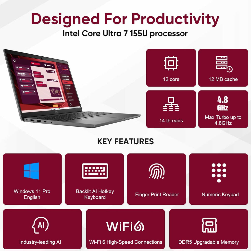 Dell Latitude 3550 15 15.6' FHD Business AI Laptop Computer, Intel 12-Core Ultra 7 155U (Beat i7-1355U), 16GB DDR5 RAM, 512GB PCIe SSD, WiFi 6, BT 5.3, Backlit KB, Fingerprint Reader, Windows 11 Pro