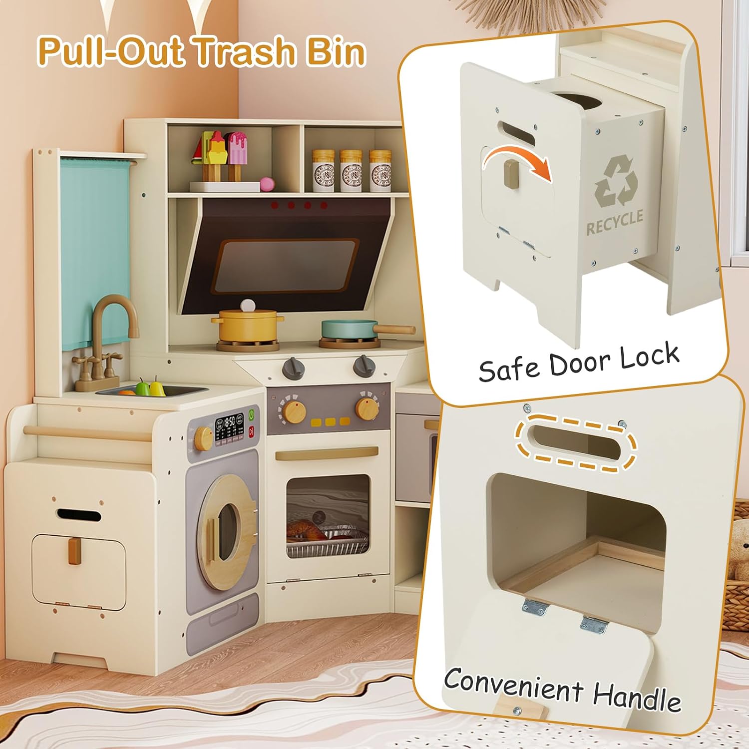 GLACER Corner Wooden Play Kitchen with Real Lights & Sounds, Pretend Kids Kitchen Playset with Trash Bin, Accessories, Dishwasher, Microwave Oven, Cooking Play Set for Toddlers Ages 3+ (Off White)